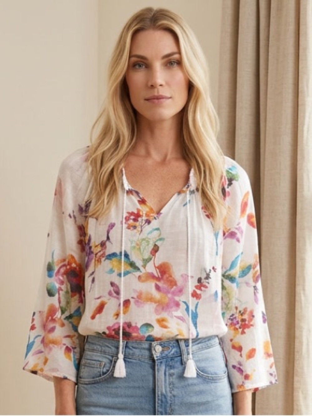 Spense White Multicolor Floral V-Neck 3/4 Sleeve Tassel Blouse L BK1K902